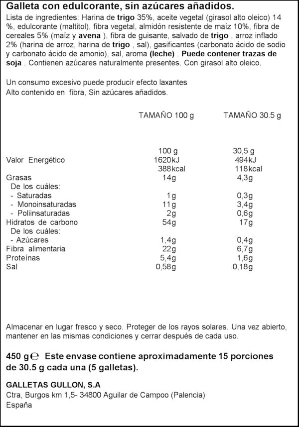 GULLON DIET FIBRA S/SUCRE 450G