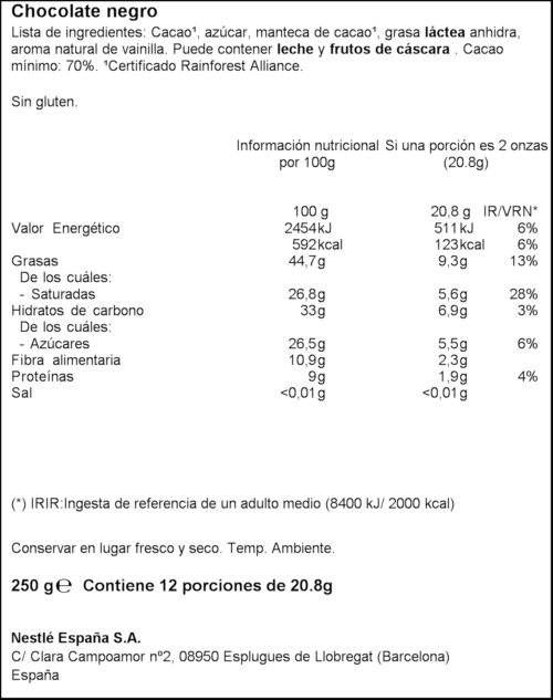 NESTLE DARK 70% 250GR