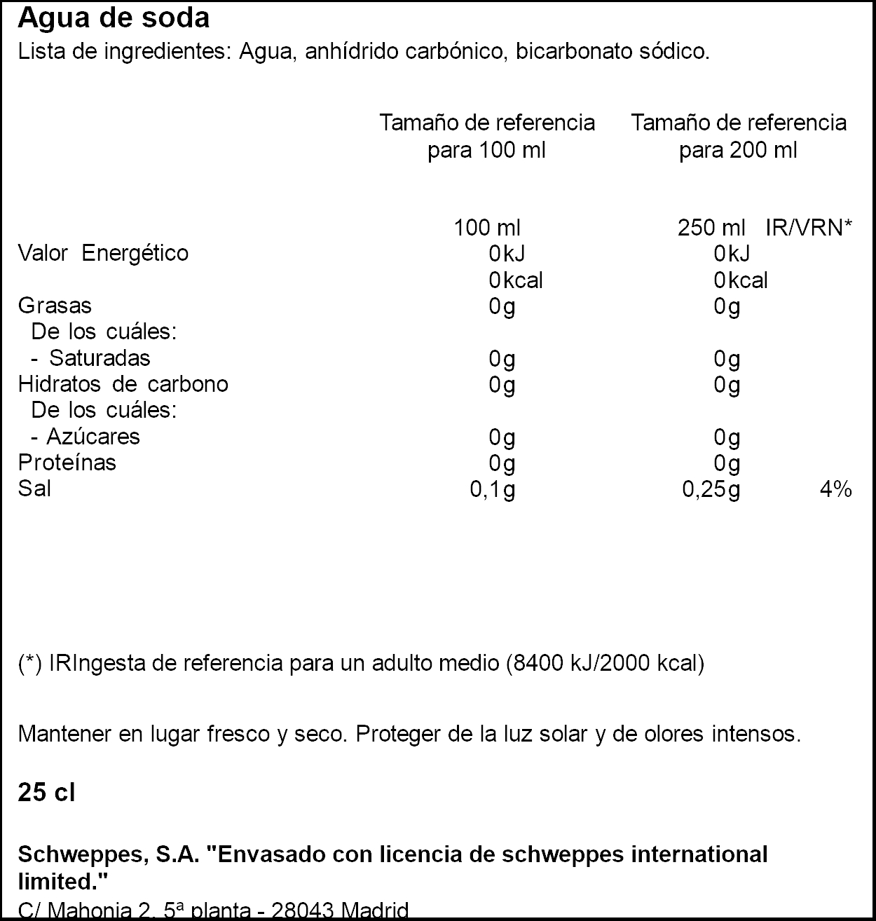 SCHWEPPES TONIC ZERO 25CL