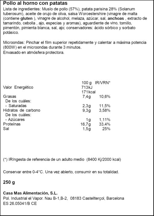CASA MAS POLLASTRE AL FORN A/PATATES 252GR