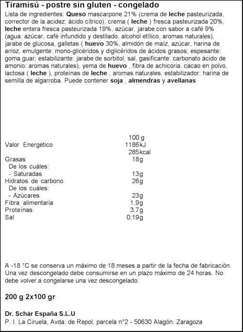 SCHAR TIRAMISÚ S/GLUTEN 200GR
